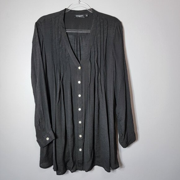Notations Black Top Plus Size 2X Long Sleeve V-Neck Button Up Semi Sheer - Picture 2 of 6
